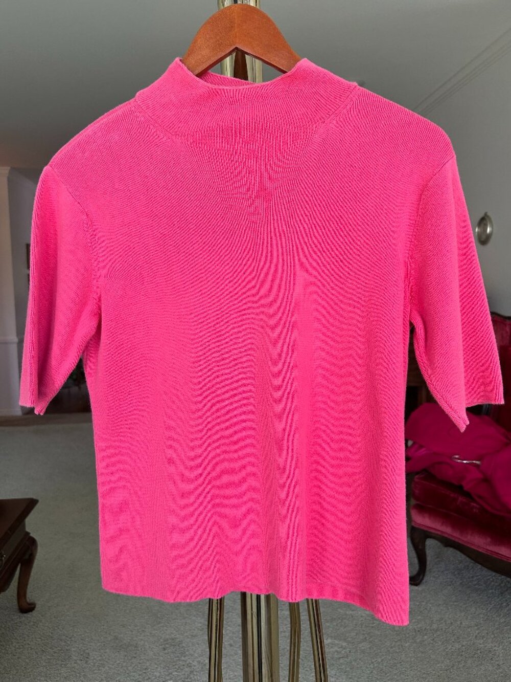 Talbots hot pink mock neck cotton short sleeve knit top size M